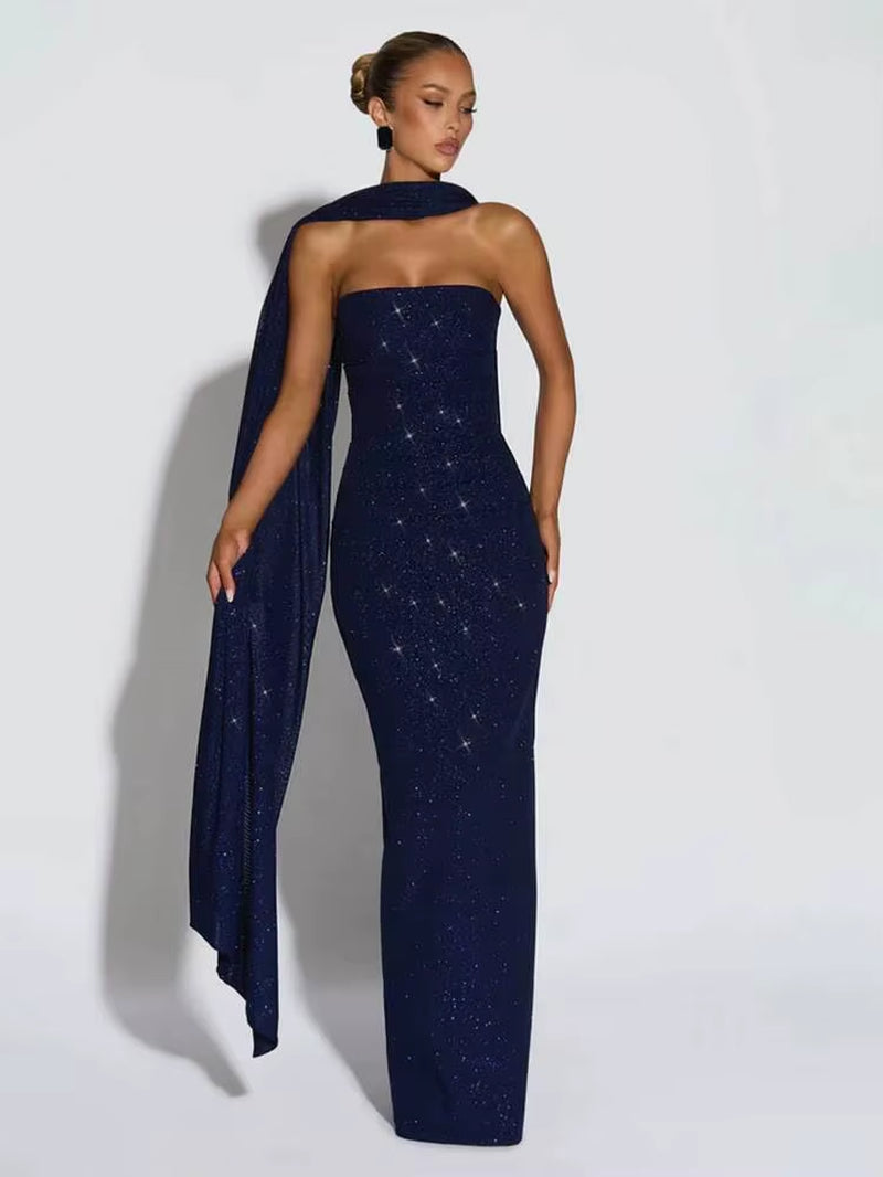 Sequin Strapless Ribbon Shawl Collar Sexy Dress Women 2026 Elegant Long Dresses Backless Sleeveless Summer Dress