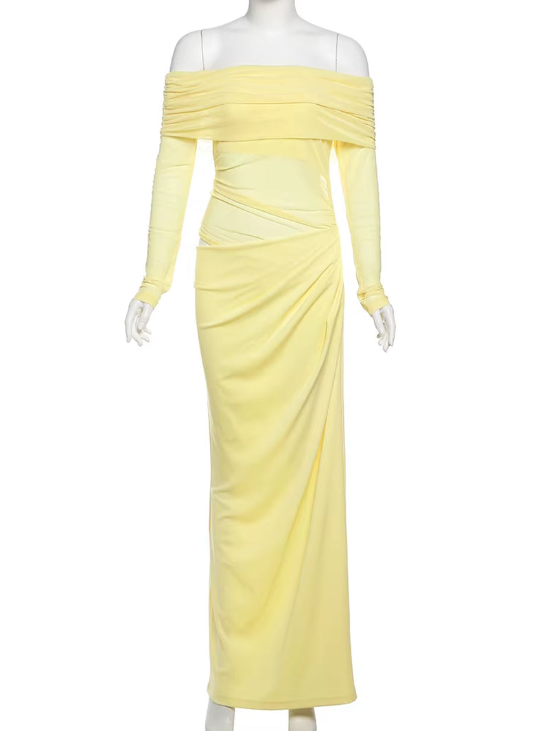 Sexy Dress Women 2025 Spring Patchwork Mesh Elegant Slash Neck Ruched Fit Chic Birthday Party Festival Vacation Vestidos