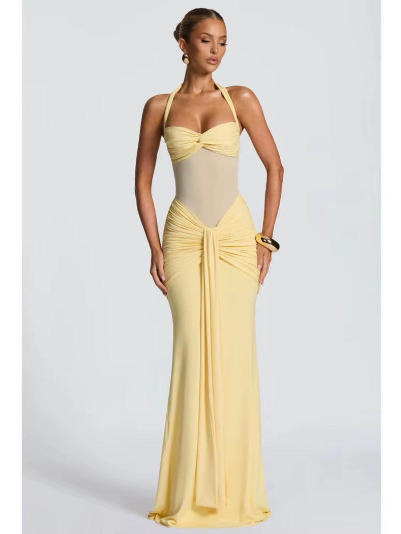 DFDG Women'S 2025 Spring Summer Elegant Mesh Halter Dress Ruched Backless Bodycon Maxi Gown with Sash Party Formal Wear Dress