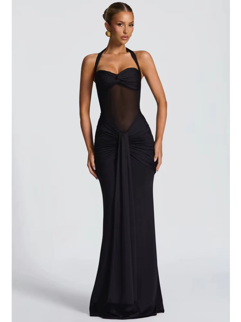 DFDG Women'S 2025 Spring Summer Elegant Mesh Halter Dress Ruched Backless Bodycon Maxi Gown with Sash Party Formal Wear Dress