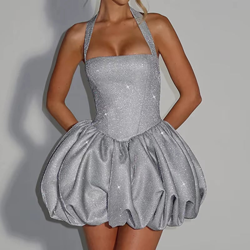 Bandage Patchwork Simple Chic Mini Dress, Women Summer Halter Sleeveless Party Dress, 2025 Sweet Holiday Backless Ladies Dress