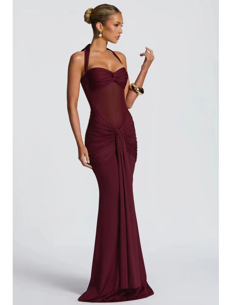 DFDG Women'S 2025 Spring Summer Elegant Mesh Halter Dress Ruched Backless Bodycon Maxi Gown with Sash Party Formal Wear Dress