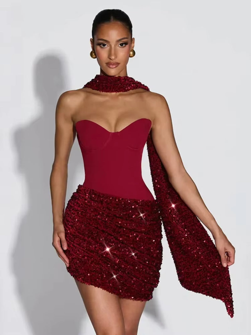 Sexy Women Pleated Bodycon Dress Sequin Backless Slim Spaghetti Strap Mini Summer Dresses 2026 Evening Nightclub Party Gowns