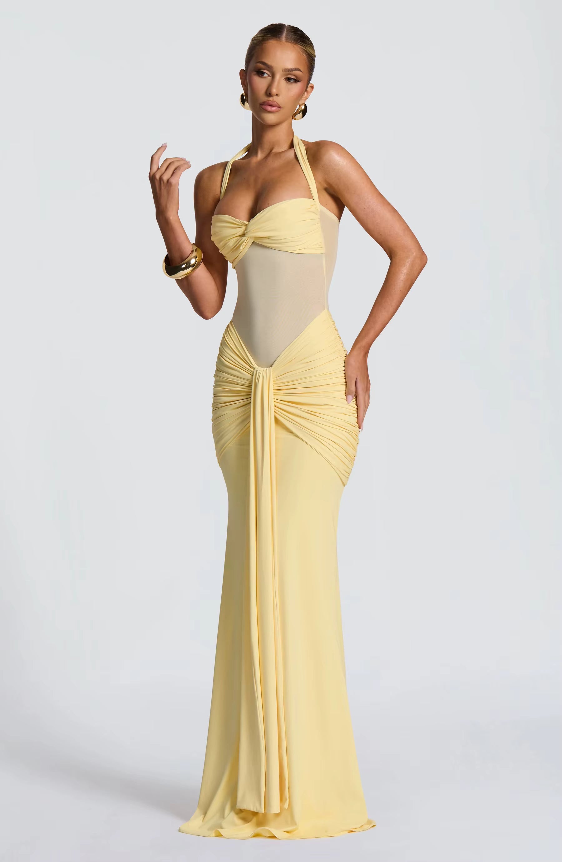 Mesh Halter Backless Maxi Dress