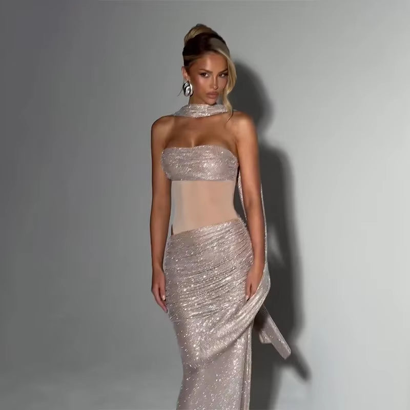 Fashion Ribbons Sequined Long Dress for Women Strapless Sleeveless Hip Package Robes 2025 Summer Elegant Female Party Dresses