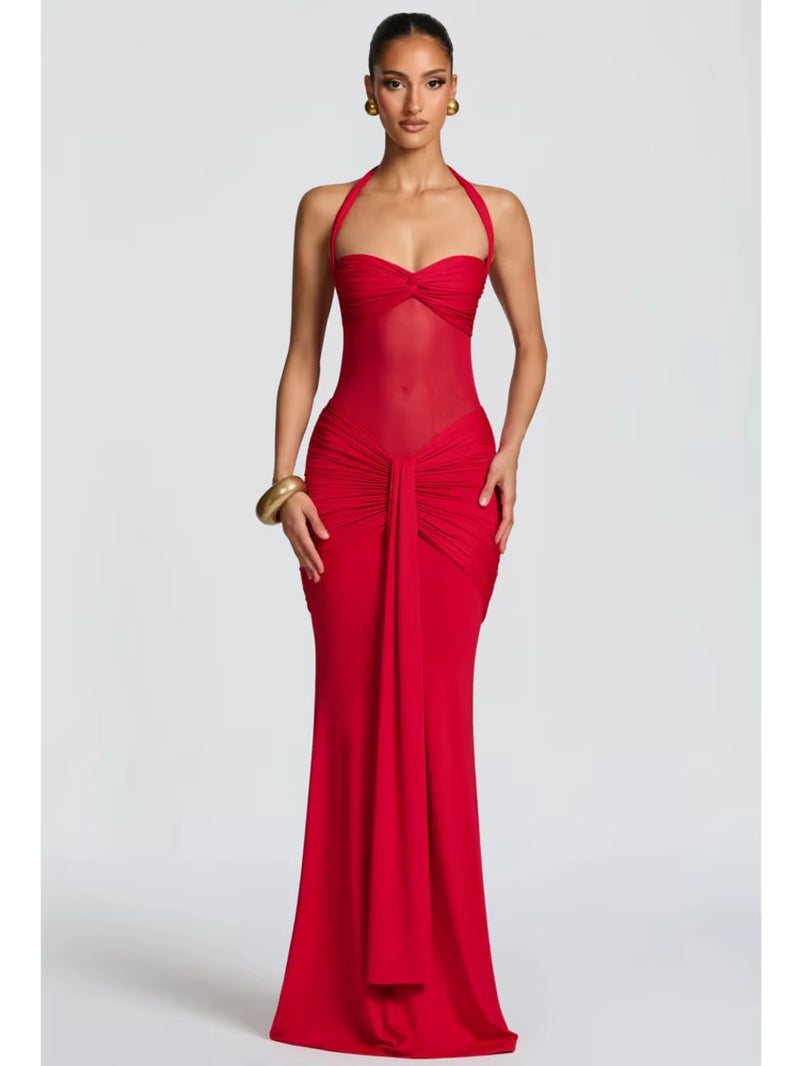 DFDG Women'S 2025 Spring Summer Elegant Mesh Halter Dress Ruched Backless Bodycon Maxi Gown with Sash Party Formal Wear Dress