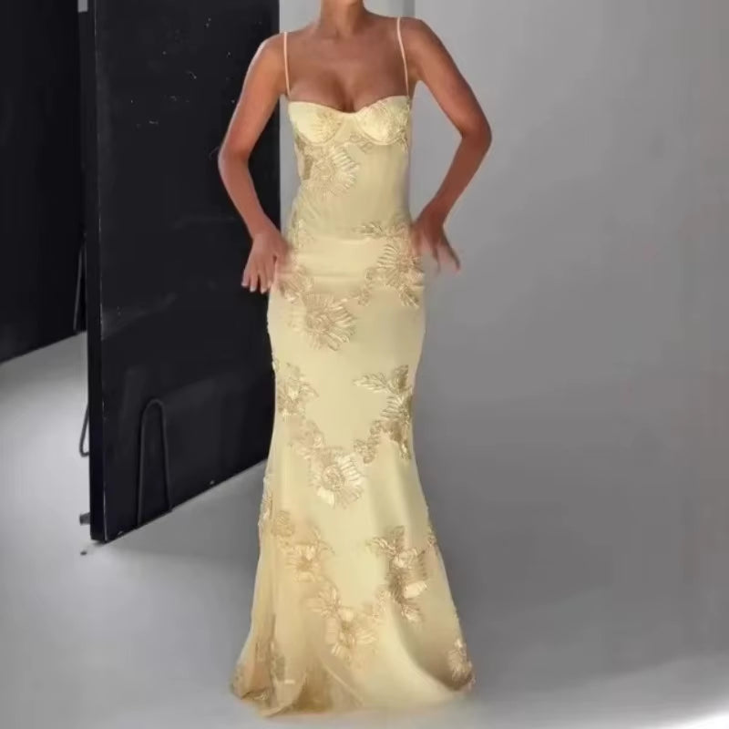 3D Floral Embroidered Party Dress Women Sexy Backless Evening Dress Elegant Club Gowns Women Long Dresses Robes