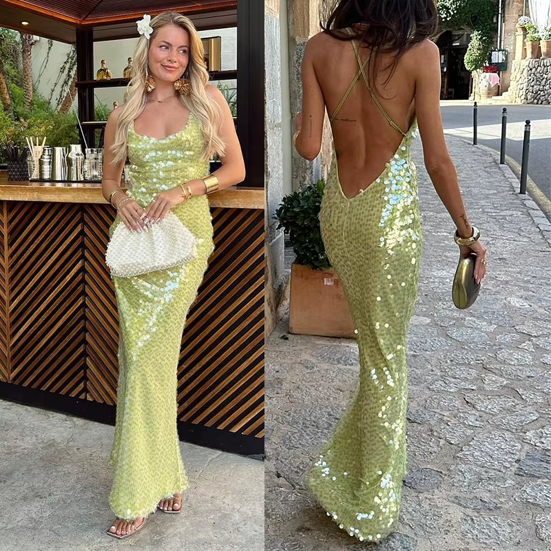 Beaded Sequins Backless Long Dresses Women Sexy Lace up Slim Halter Beach Dress Lady Elegant Summer Low Out Robe Holiday Party