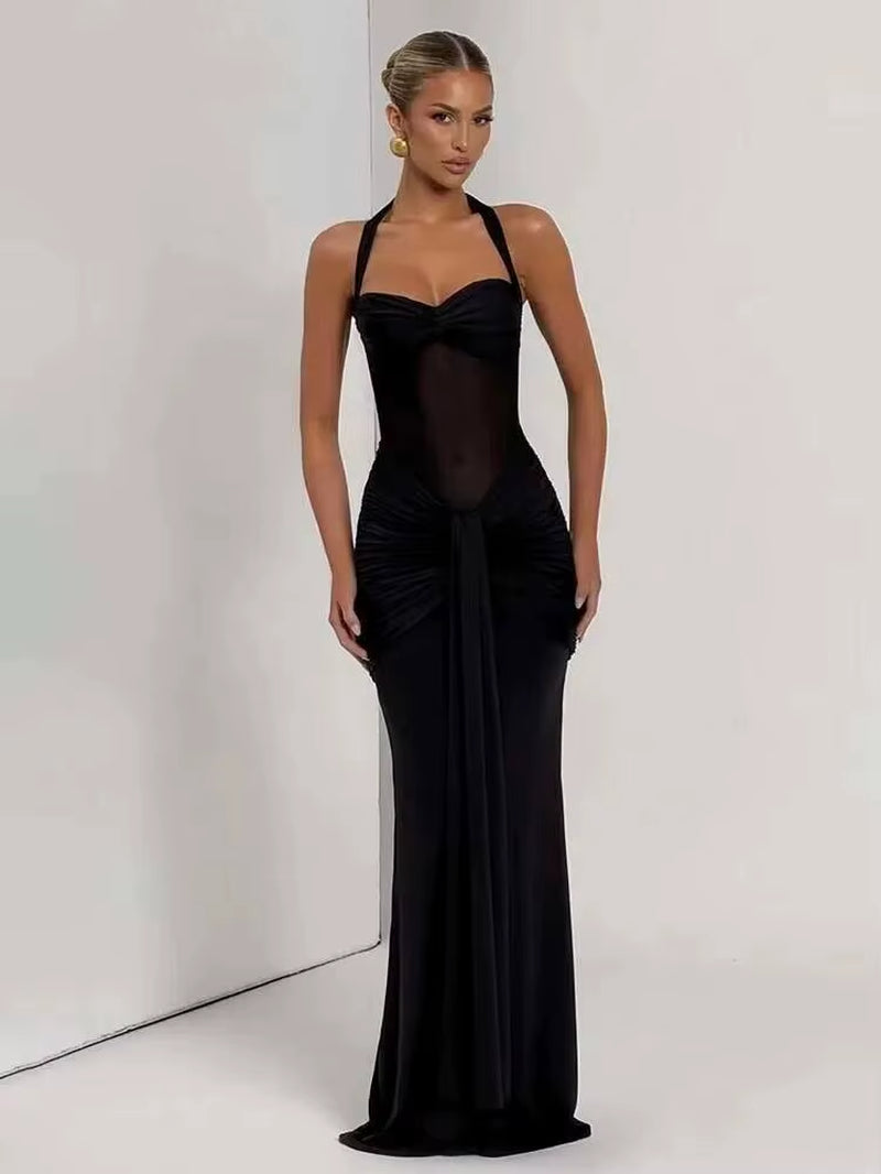 Pleated Slim Bodycon Maxi Long Dress Women off Shoulder 2025 Autumn Winter Dress Lace Patchwork Sexy Party Dresses