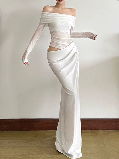 Sexy Dress Women 2025 Spring Patchwork Mesh Elegant Slash Neck Ruched Fit Chic Birthday Party Festival Vacation Vestidos