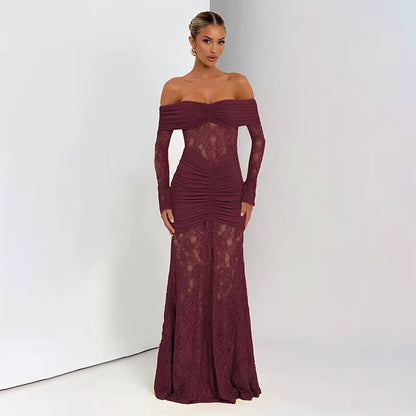 Pleated Slim Bodycon Maxi Long Dress Women off Shoulder 2025 Autumn Winter Dress Lace Patchwork Sexy Party Dresses