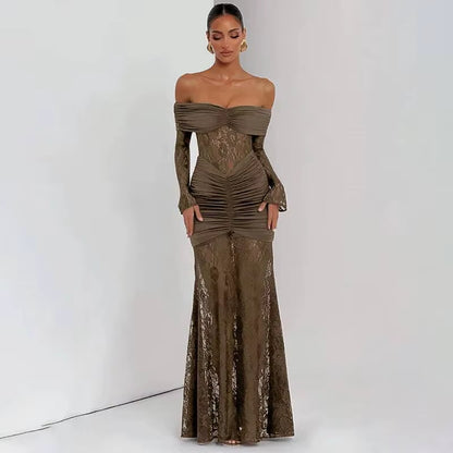 Pleated Slim Bodycon Maxi Long Dress Women off Shoulder 2025 Autumn Winter Dress Lace Patchwork Sexy Party Dresses