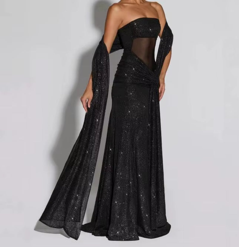 Womens Dresses 2025 Spring New Elegant and Fashionable Irregular Sequin Bandeau Sleeveless Sexy Mesh Patchwork Ribbon Long Dress