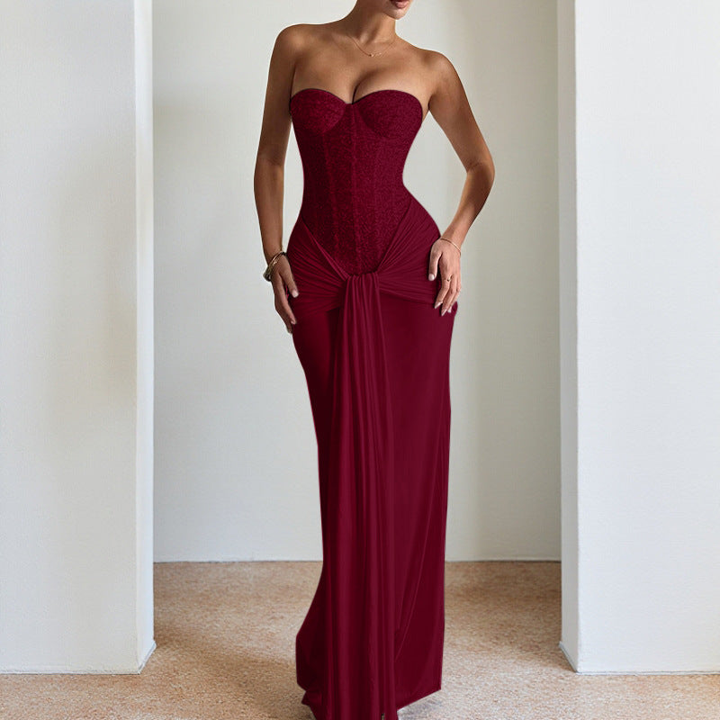 Evening Dress Long Skirt Waist-Cinching Slim Ribbon Strapless Elegant Dress