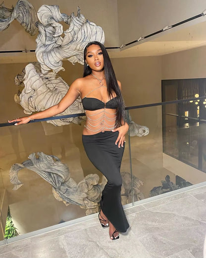 Gothic Sexy O-Ring Chain Detail Cut Out Detachable Eveing Fishtail Long Dress