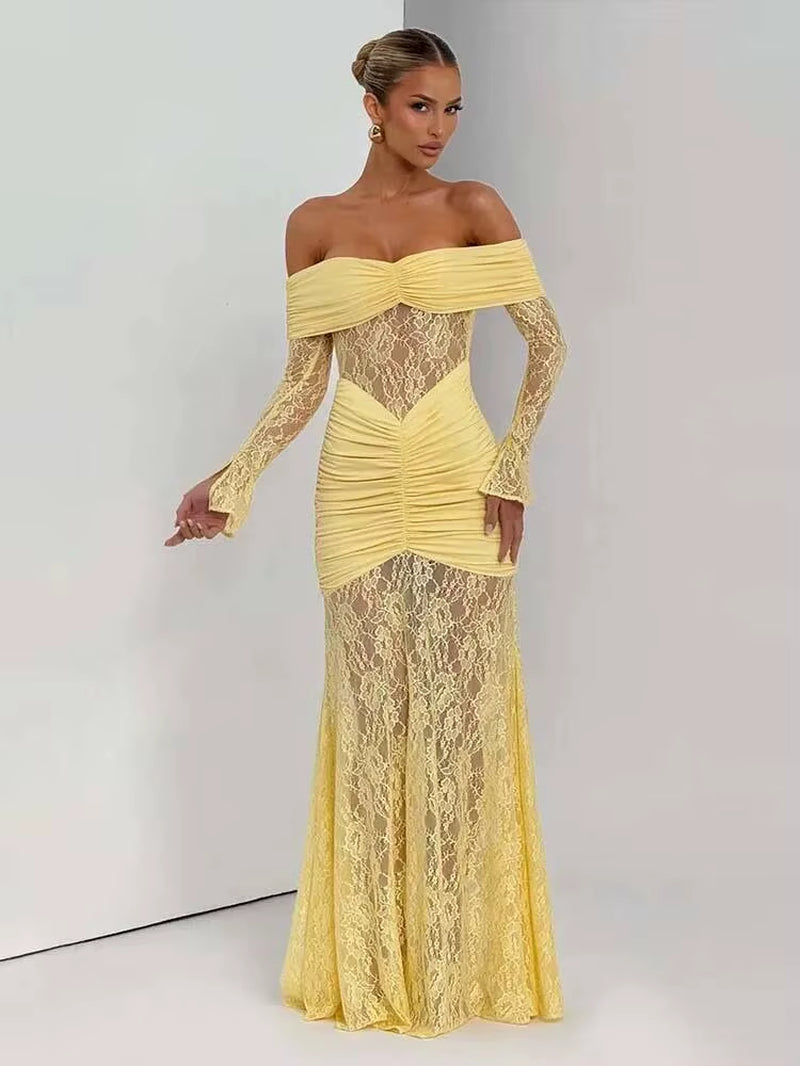 Pleated Slim Bodycon Maxi Long Dress Women off Shoulder 2025 Autumn Winter Dress Lace Patchwork Sexy Party Dresses