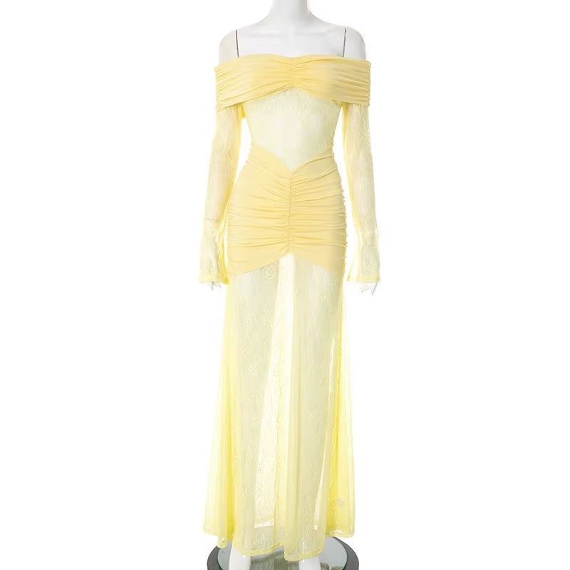 Pleated Slim Bodycon Maxi Long Dress Women off Shoulder 2025 Autumn Winter Dress Lace Patchwork Sexy Party Dresses