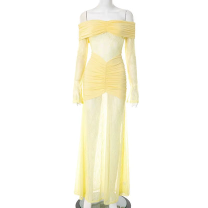 Pleated Slim Bodycon Maxi Long Dress Women off Shoulder 2025 Autumn Winter Dress Lace Patchwork Sexy Party Dresses