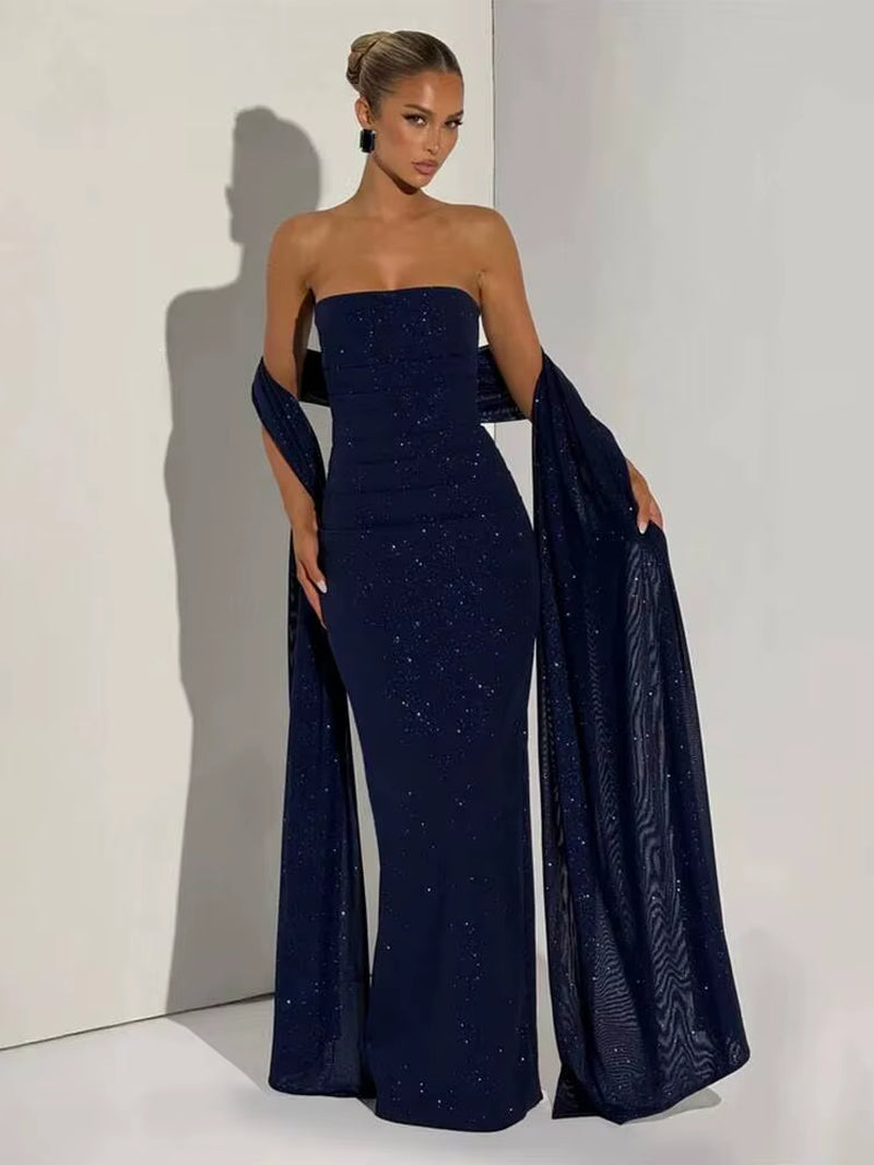 Sequin Strapless Ribbon Shawl Collar Sexy Dress Women 2026 Elegant Long Dresses Backless Sleeveless Summer Dress