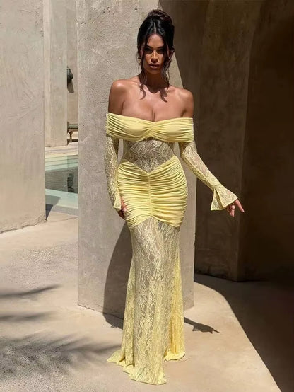 Pleated Slim Bodycon Maxi Long Dress Women off Shoulder 2025 Autumn Winter Dress Lace Patchwork Sexy Party Dresses