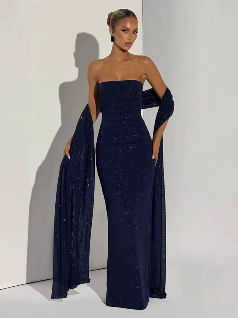 Sequin Strapless Ribbon Shawl Collar Sexy Dress Women 2026 Elegant Long Dresses Backless Sleeveless Summer Dress