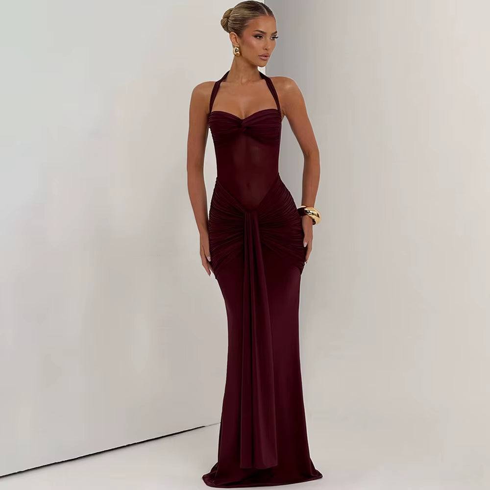 Pleated Slim Bodycon Maxi Long Dress Women off Shoulder 2025 Autumn Winter Dress Lace Patchwork Sexy Party Dresses