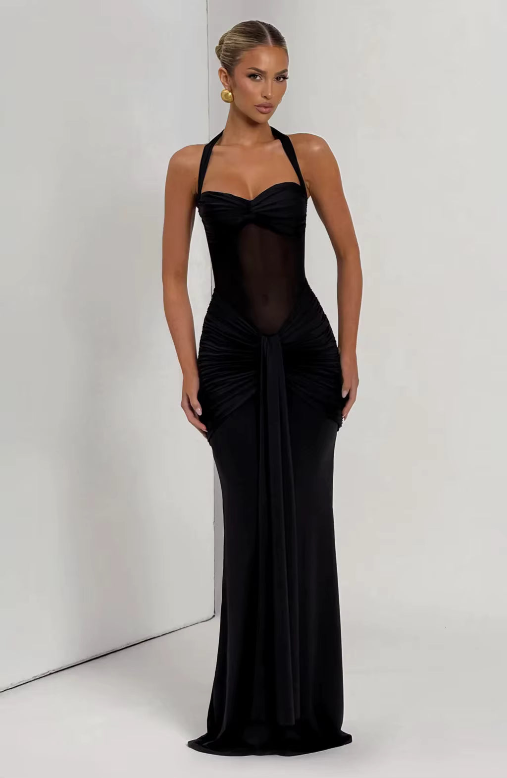 Mesh Halter Backless Maxi Dress