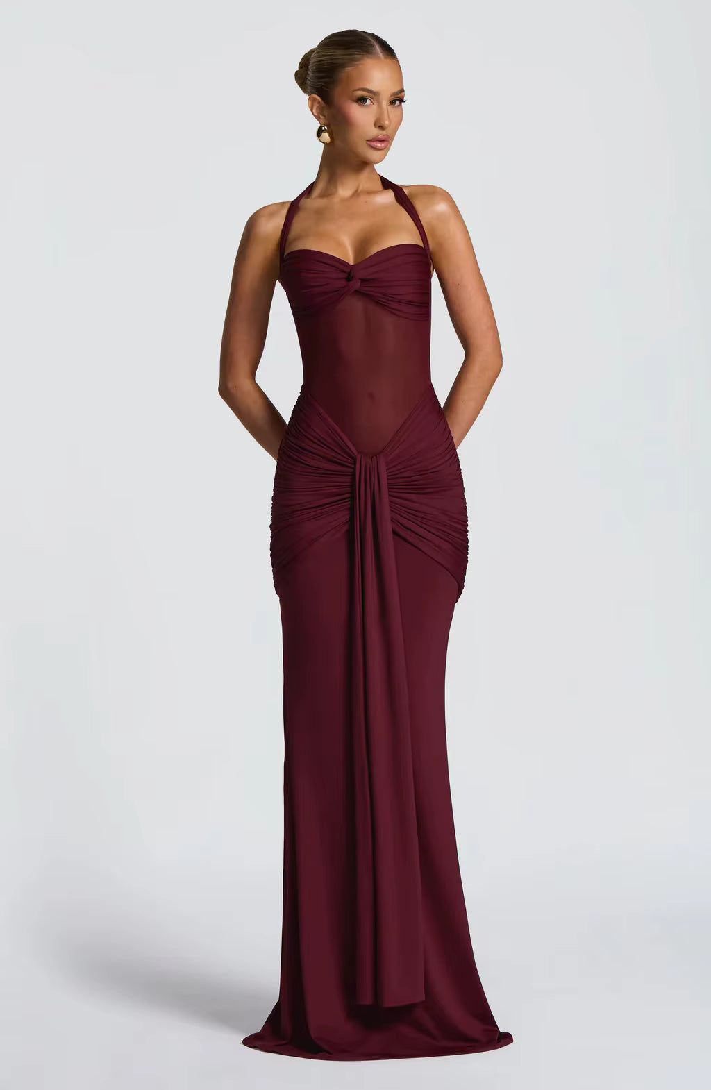 Mesh Halter Backless Maxi Dress