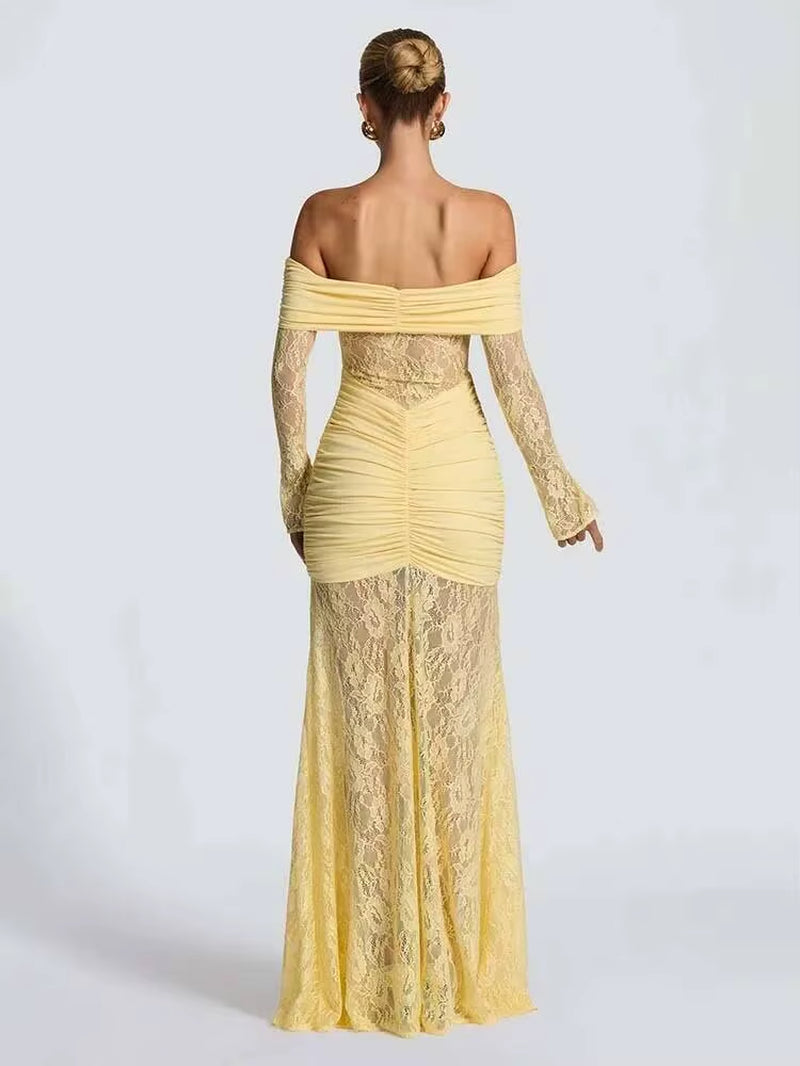 Pleated Slim Bodycon Maxi Long Dress Women off Shoulder 2025 Autumn Winter Dress Lace Patchwork Sexy Party Dresses