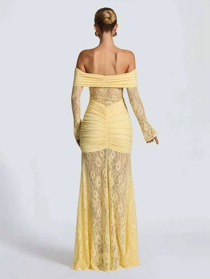 Pleated Slim Bodycon Maxi Long Dress Women off Shoulder 2025 Autumn Winter Dress Lace Patchwork Sexy Party Dresses