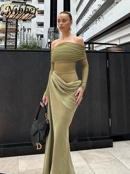 Sexy Dress Women 2025 Spring Patchwork Mesh Elegant Slash Neck Ruched Fit Chic Birthday Party Festival Vacation Vestidos