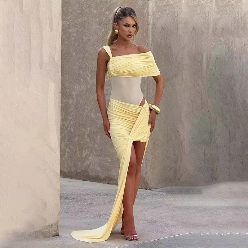 Pleated Slim Bodycon Maxi Long Dress Women off Shoulder 2025 Autumn Winter Dress Lace Patchwork Sexy Party Dresses