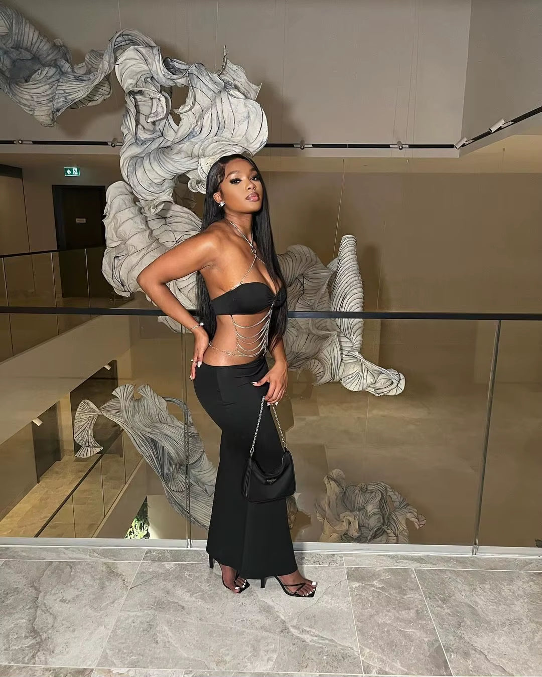 Gothic Sexy O-Ring Chain Detail Cut Out Detachable Eveing Fishtail Long Dress