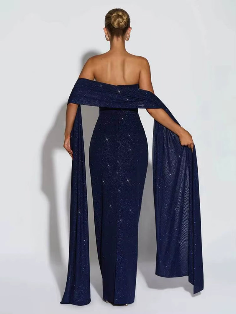 Sequin Strapless Ribbon Shawl Collar Sexy Dress Women 2026 Elegant Long Dresses Backless Sleeveless Summer Dress