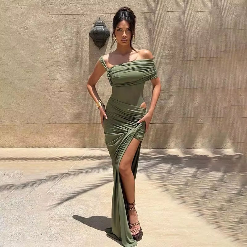 Pleated Slim Bodycon Maxi Long Dress Women off Shoulder 2025 Autumn Winter Dress Lace Patchwork Sexy Party Dresses