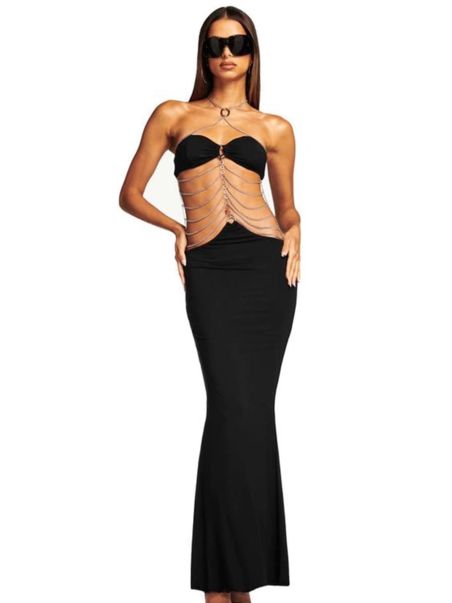 Gothic Sexy O-Ring Chain Detail Cut Out Detachable Eveing Fishtail Long Dress