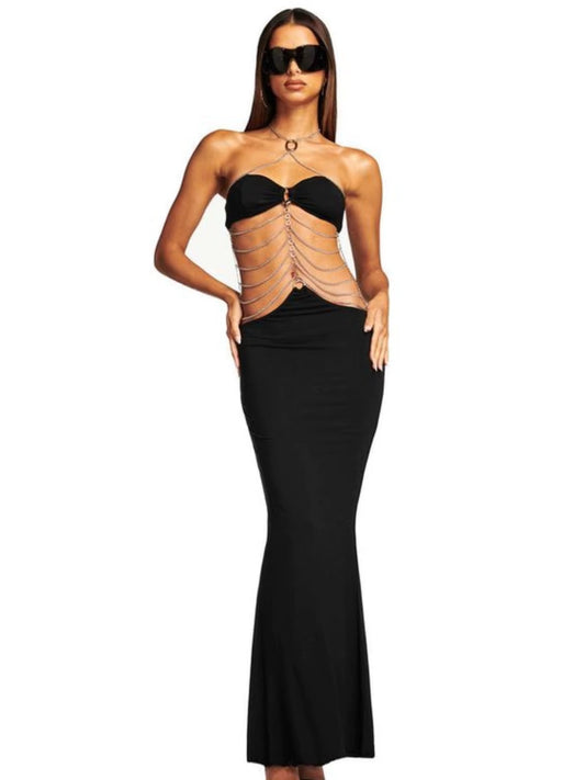 Gothic Sexy O-Ring Chain Detail Cut Out Detachable Eveing Fishtail Long Dress