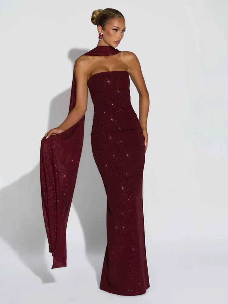 Sequin Strapless Ribbon Shawl Collar Sexy Dress Women 2026 Elegant Long Dresses Backless Sleeveless Summer Dress