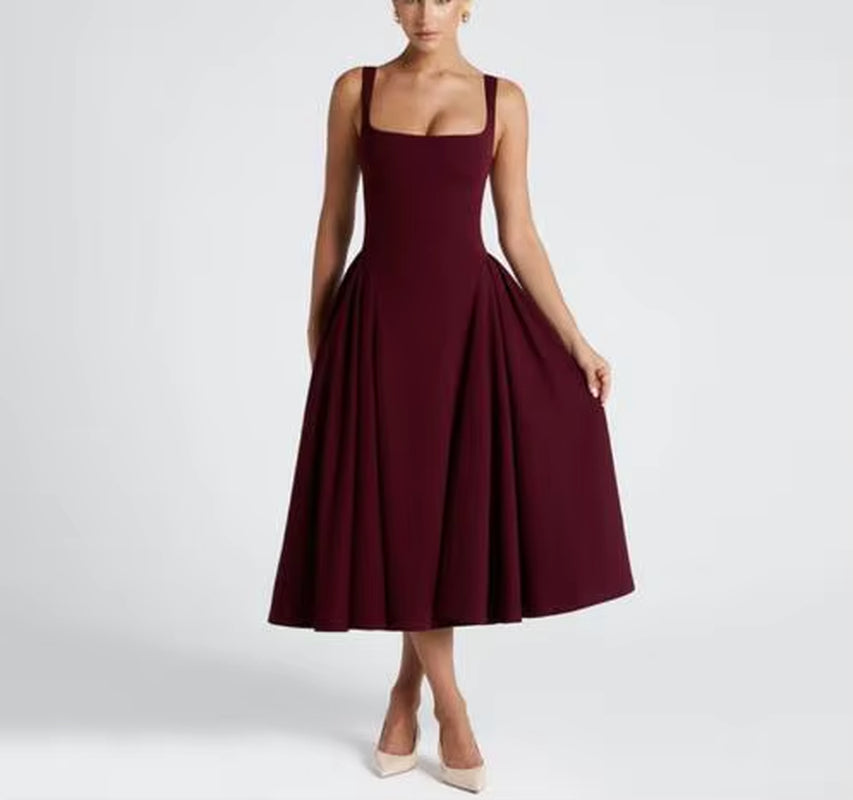 New Women'S Elegant Square Neck Solid Color Midi Dress, Sleeveless Design with Fit - and - Flare Pleated Skirt