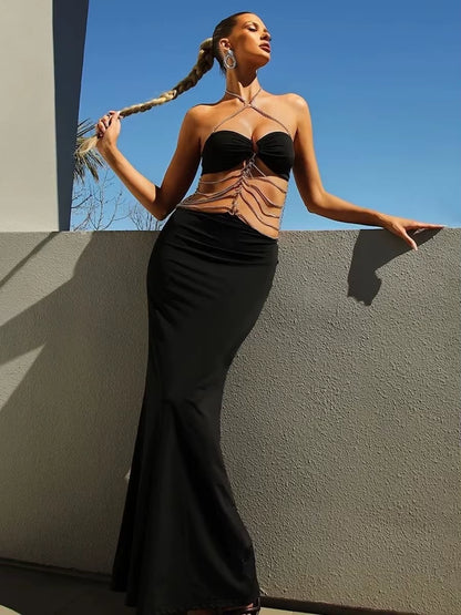 Gothic Sexy O-Ring Chain Detail Cut Out Detachable Eveing Fishtail Long Dress