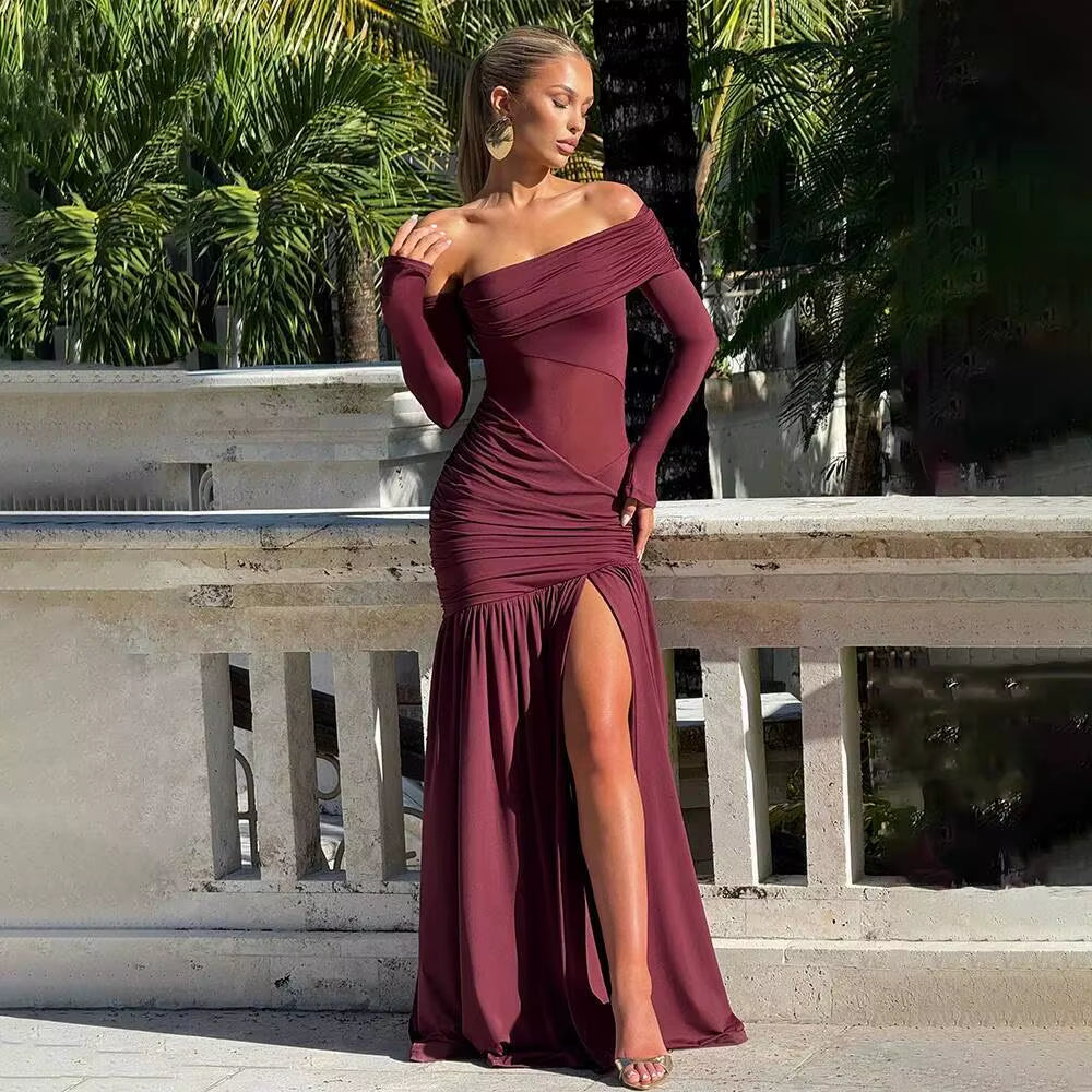 Pleated Slim Bodycon Maxi Long Dress Women off Shoulder 2025 Autumn Winter Dress Lace Patchwork Sexy Party Dresses