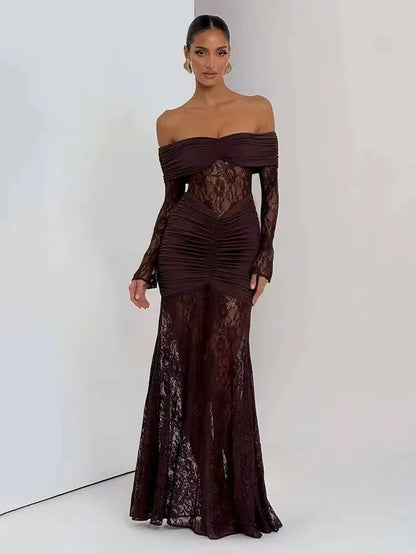 Pleated Slim Bodycon Maxi Long Dress Women off Shoulder 2025 Autumn Winter Dress Lace Patchwork Sexy Party Dresses